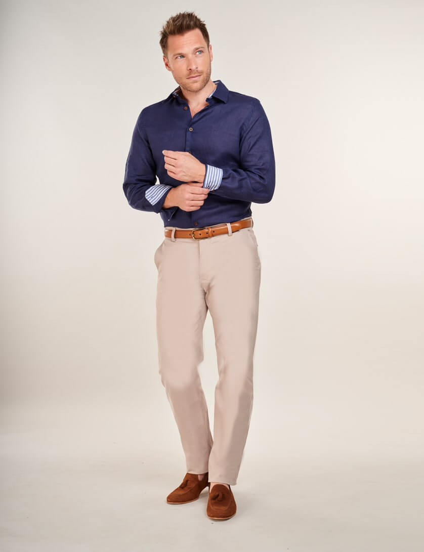 Stone Chinos with Navy Linen Shirt